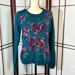 Garnet Hill teal knit sweater with purple flowers